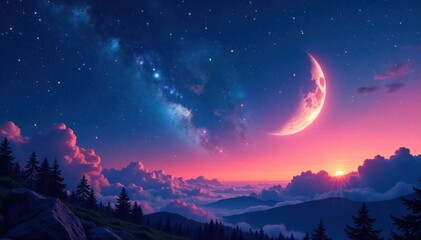 Naklejka premium Sparkling starry night scene with a crescent moon and planet silhouettes, space, planets, stars