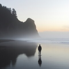 Solitary figure contemplating the misty seascape at twilight tranquility