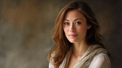 Naklejka premium Woman with long brown hair, subtle smile, neutral background