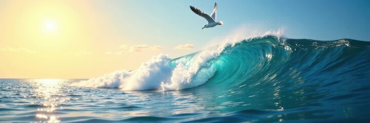 Naklejka premium Ocean wave with seagull soaring above, sunlight shining on water surface, ocean wildlife, coastal scene