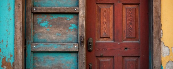 Old wooden door frame with worn and weathered wood, wooden textures, rustic decor