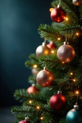 Fototapeta premium Glittering Christmas tree with shiny balls and string lights against a soft focus background, christmas tree, baubles