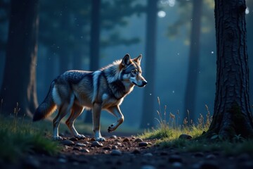 A majestic gray wolf is seen running freely in the woods under starry night sky, wildlife, stars