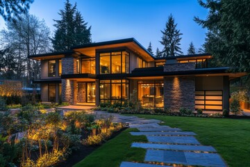 Modern house exterior at night with illuminated garden pathway and landscaping