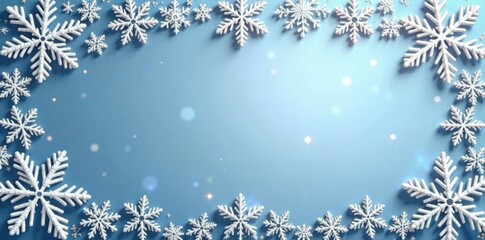 Ornate border of interlocking snowflakes in shimmering white and silver, wintry, illustrations, cold
