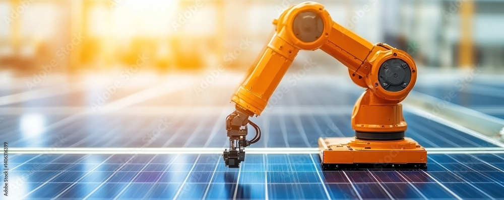 Poster a robot is digging into a solar panel. the robot is orange and is in a factory. the robot is digging