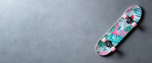 Skateboard with tropical design studio shot overhead active lifestyle equipment