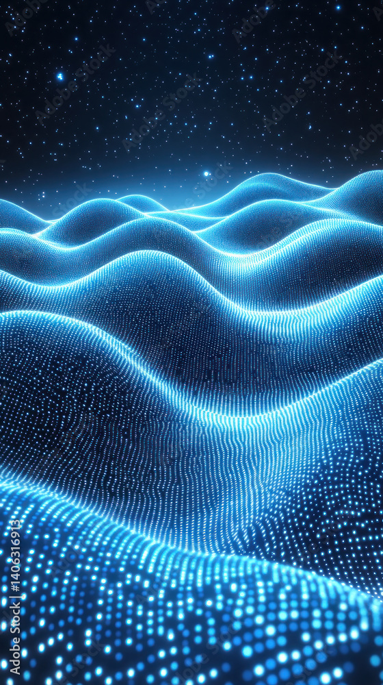 Poster the image is a computer-generated rendering of a mountain range with a starry sky in the background.