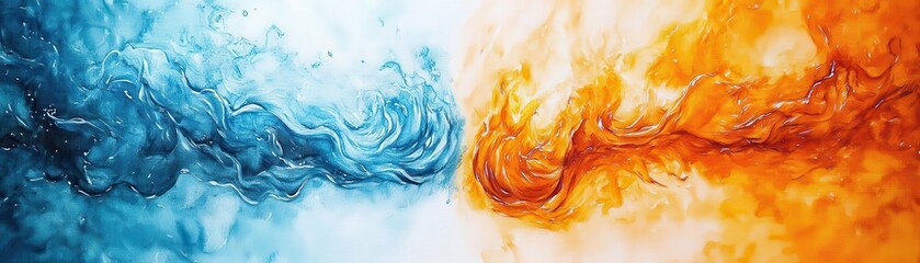 Fire and water collision, split canvas energy, symbolic duality, Watercolor style