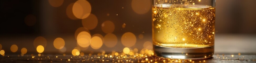 Shimmering gold glitter swirls in a glass, surrounded by soft focus, reflective, liquid