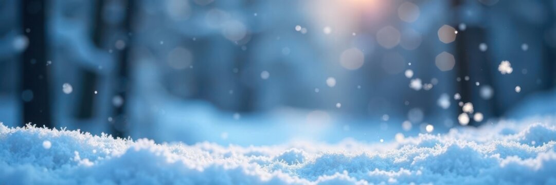 snowflakes gently falling on a snowy background, frosty colors, winter scenery