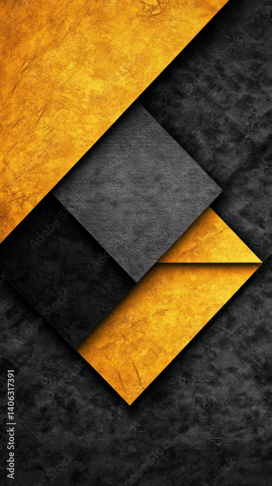 Poster a black and yellow design on a wall. the design is made up of squares and triangles. the design is m