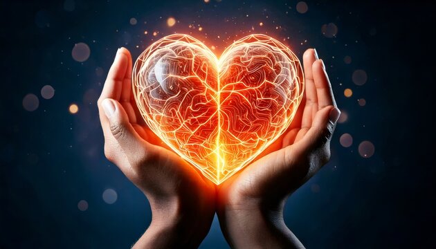 A pair of hands cradles a glowing heart, symbolizing the fusion of emotion and technology with intricate designs.