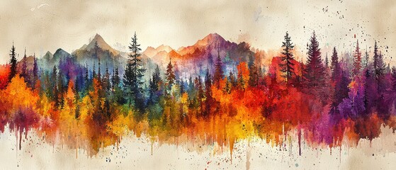 Fototapeta premium Vibrant Autumn Landscape Watercolor Art