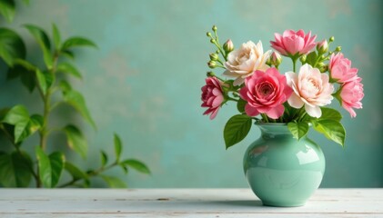 Spring Vase Background with Green Leaves and Flowers , arrangement, vase