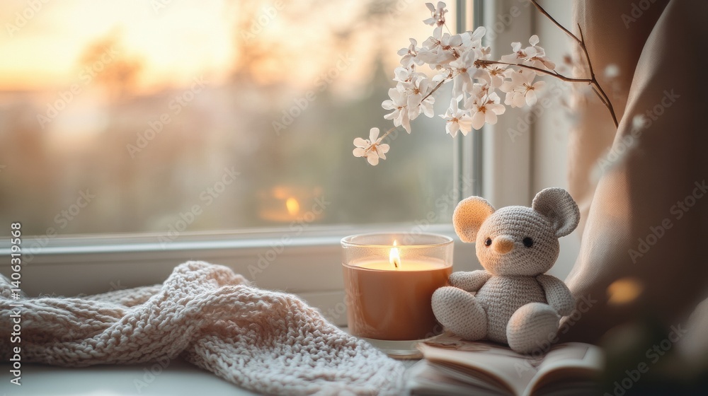 Aufkleber Cozy afternoon on the window sill with tea, a candle, and a plush mouse creating a tranquil atmosphere