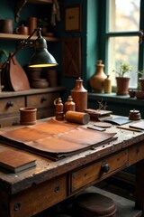 Fototapeta premium Leather products on a workbench in an atelier, American Made, Workbench