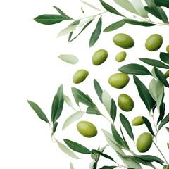 A small pile of juicy green olives, scattered elegantly with olive leaves, rich in texture and detail, creating a minimalistic and natural look,Transparent background, PNG file