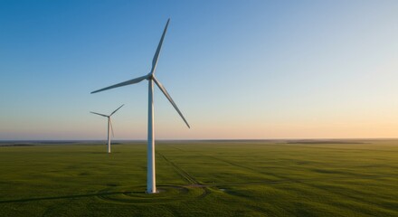 Obraz premium Serene Sunset View of Wind Turbines in a Vast Green Field: Sustainable Energy Landscape