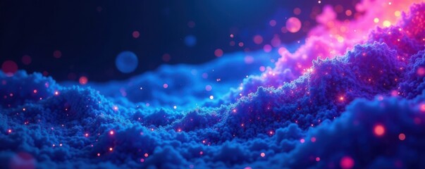 Swirling particles in neon blue mesh background, neon, abstract tech