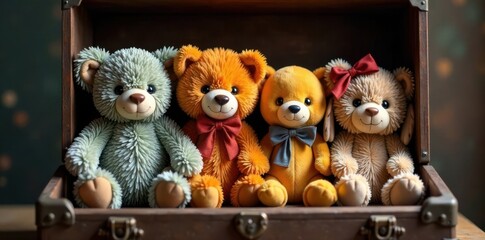 Stuffed animals in old trunk, storage, trunk