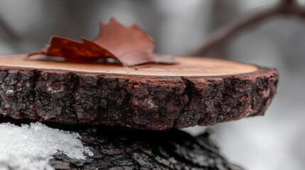 Fototapeta premium Rustic wood slice with autumn leaf close up nature photography