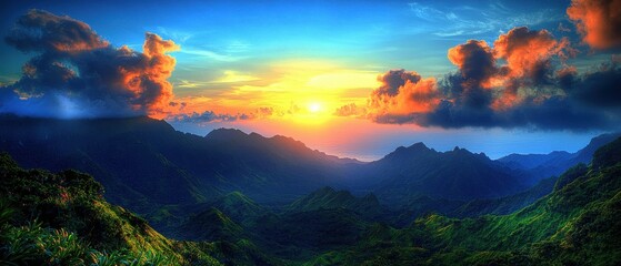 Fototapeta premium Breathtaking Sunset Over Lush Mountains