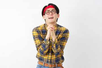 アキバ系の男性　懇願する　白背景