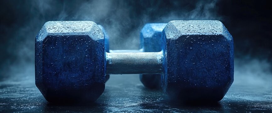 Heavy blue dumbbell on a wet surface surrounded by vapor on a dark background, weight-lifting equipment