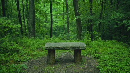 Naklejka premium Serene stone bench in lush green forest tranquil nature scene