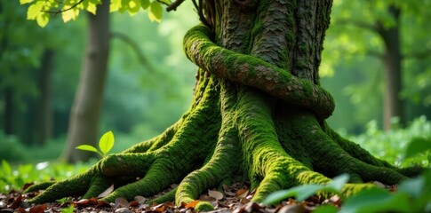 Moss covered tree trunk with twisted roots and vines, overgrown, moss