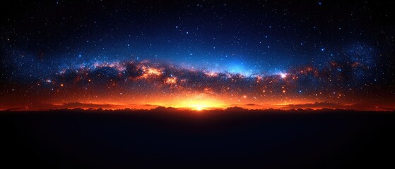 Naklejka premium Cosmic Dawn Starry night sky meets fiery horizon