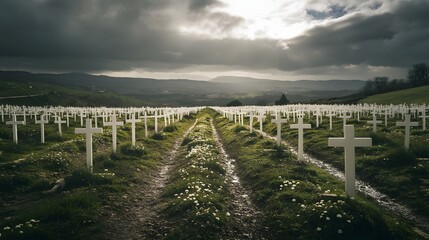 Obraz premium Cloudy War Cemetery; Rows of White Crosses