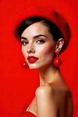 Stylish woman in a red beret and bold makeup poses against a vibrant red background, exuding confidence