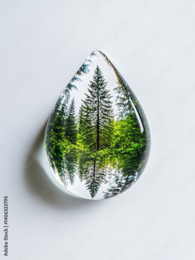 Poster water droplet reflecting a vibrant pine forest creating a serene nature purity concept against a cle