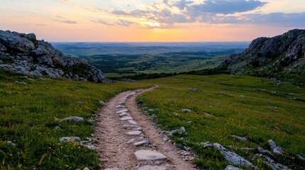 Fototapeta premium Winding mountain trail at sunset serene valley landscape photography