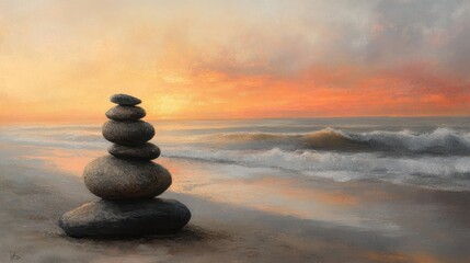 Calm stones stacked on beach at sunset. Possible stock photo use