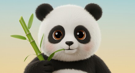 Naklejka premium Cute Panda Eating Bamboo Stick, Illustration, Animal Portrait