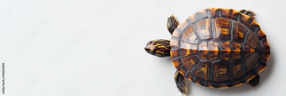 Poster Top-down view of a turtle showcasing its unique patterned shell on a minimalist white background