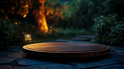 Fototapeta premium Serene Night Garden Wooden Display Platform.