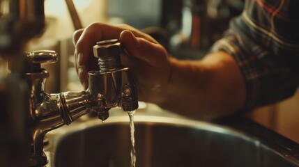 Naklejka premium Plumber replacing a water valve under a sink. Featuring plumbing and home repairs