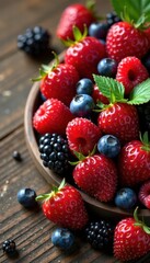 Obraz premium Fresh mixed berries arrangement on a wooden table, berries, fruit
