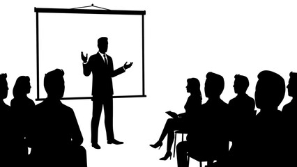 Silhouette of Business Speaker Giving Presentation in Front of Audience