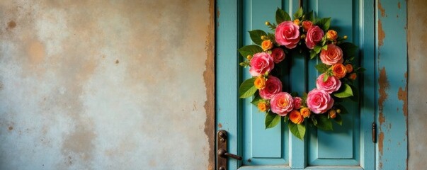 Vintage door with a beautiful floral wreath hanging on it in a rustic wooden frame, door, antique, ornate