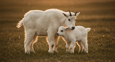 Obraz premium Goat and Kid Grazing in Field at Dusk Motherhood in Nature