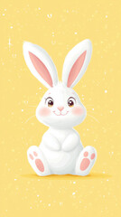 Obraz premium A cartoon rabbit is sitting on a yellow background. The rabbit is smiling and looking at the camera