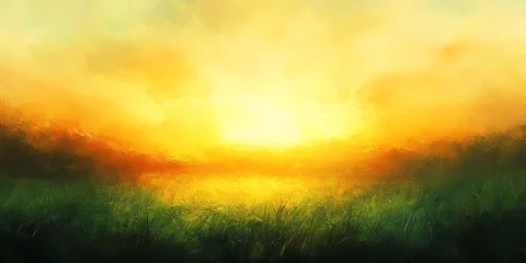 Fototapete A peaceful landscape painting depicts a vibrant sunset over a grassy field, creating a warm and serene mood. Perfect for home decor or meditation. © Salman