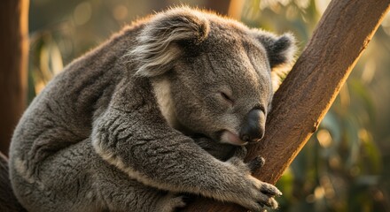 Obraz premium Koala Sleeping Peacefully on Tree Branch in Warm Light