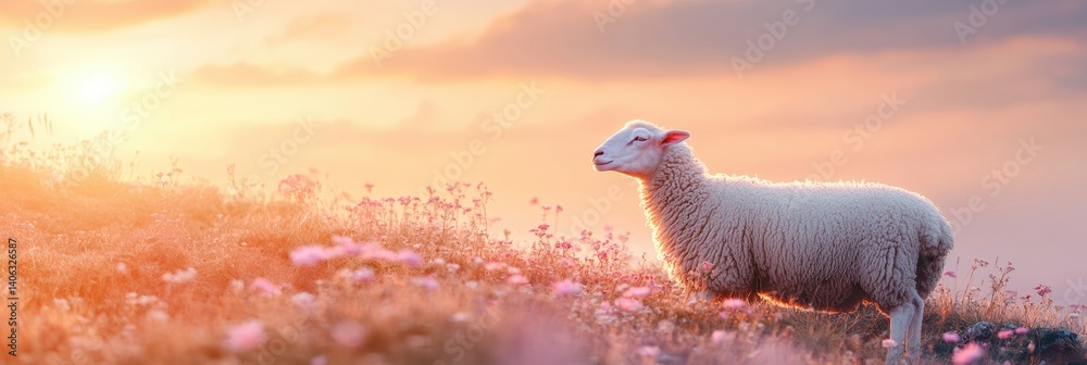 Poster soft sheep resting on a hill surrounded by flowers during a serene lapki spring sunset