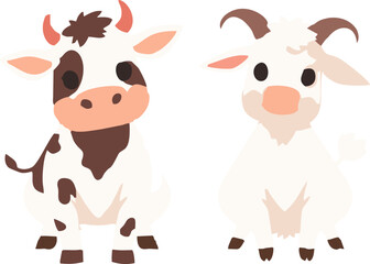 Naklejka premium Cartoon Cow and Goat Vector Set - Cute Farm Animal Illustration